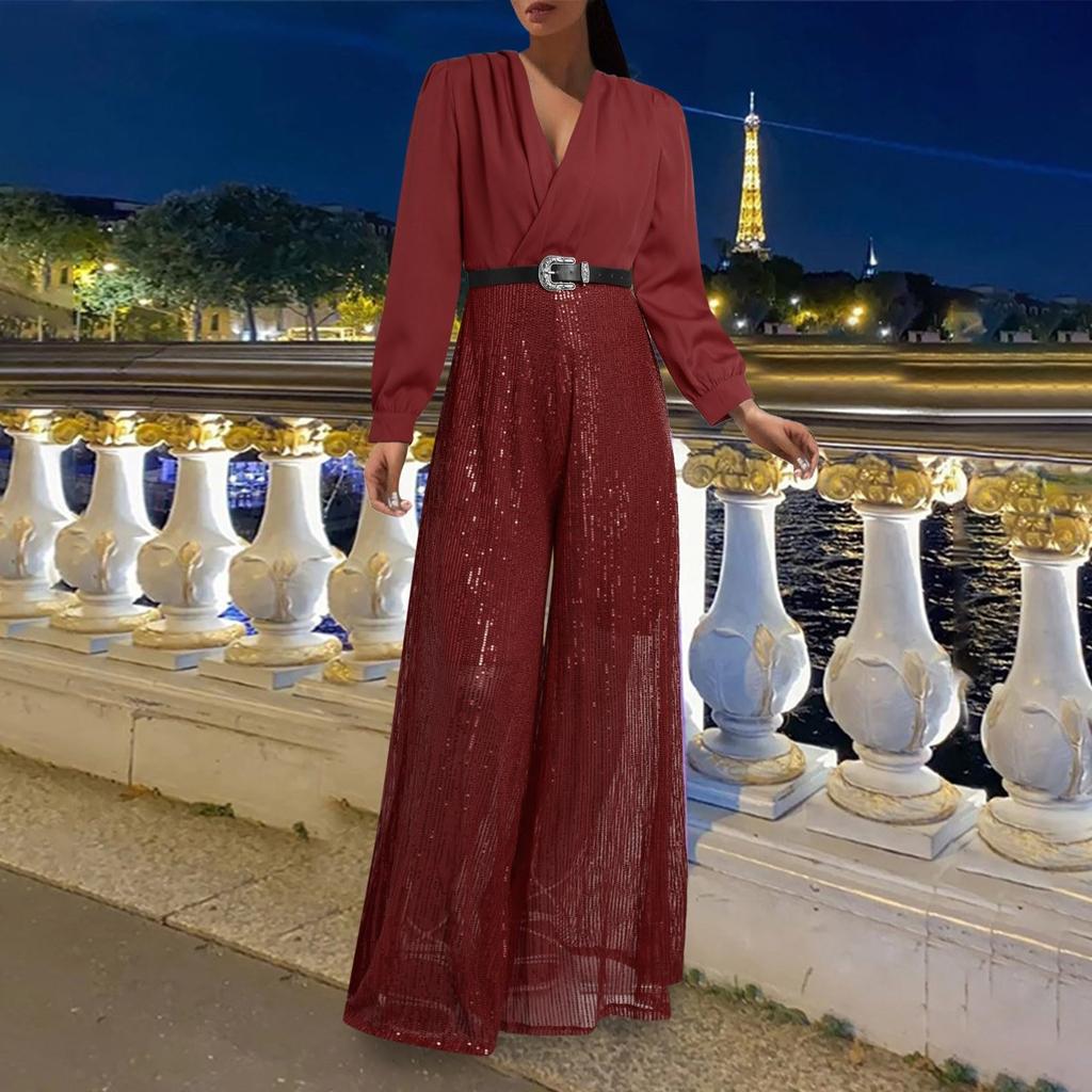 Blouse Fashion pour Femme à Col en V et Manches Longues Élégante et Gracieuse Taille Cintrée pour une Silhouette Flatteuse Combinaison à Jambes Larges Ornée de Sequins