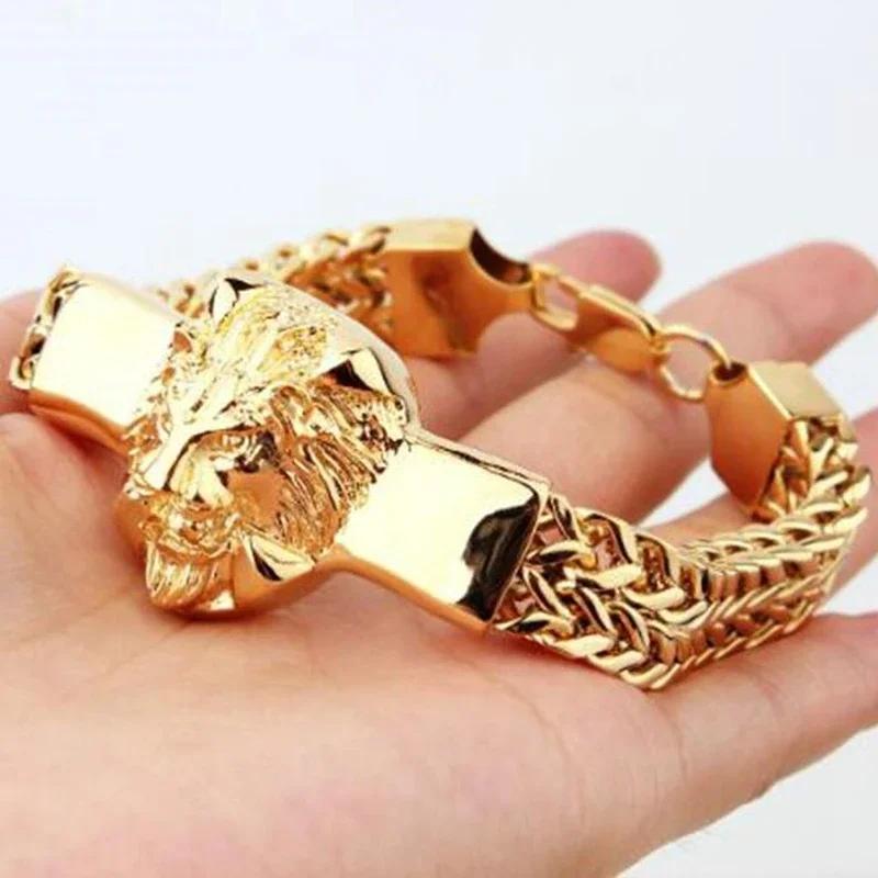 Domineering Lion Head Animal Bracelet Men\'s Stainless Steel Braided Chain Wristband Bracelet Hip Hop Jewelry