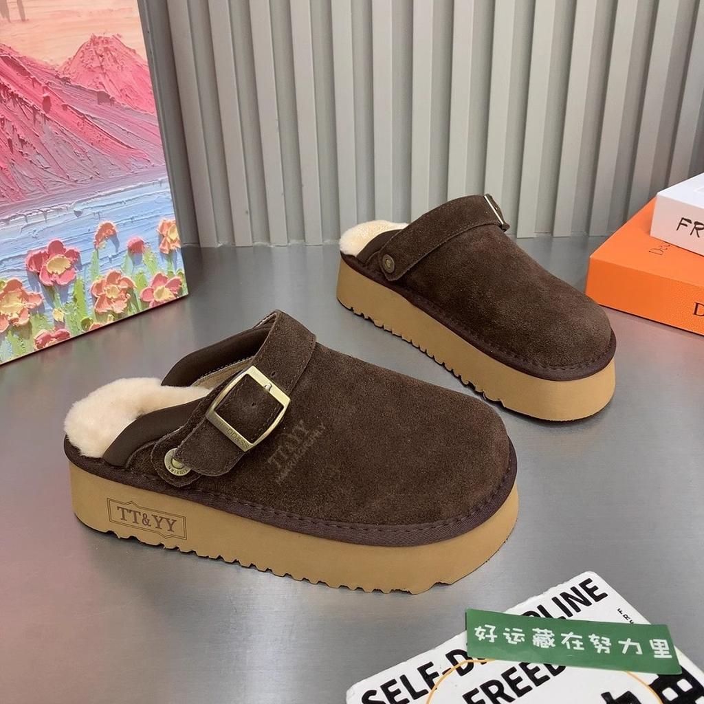 European Matte Leather Fashion Boken Shoes Lamb Wool Slippers Women's 2024 New Autumn Thick-soled Bag Head Half Slippers