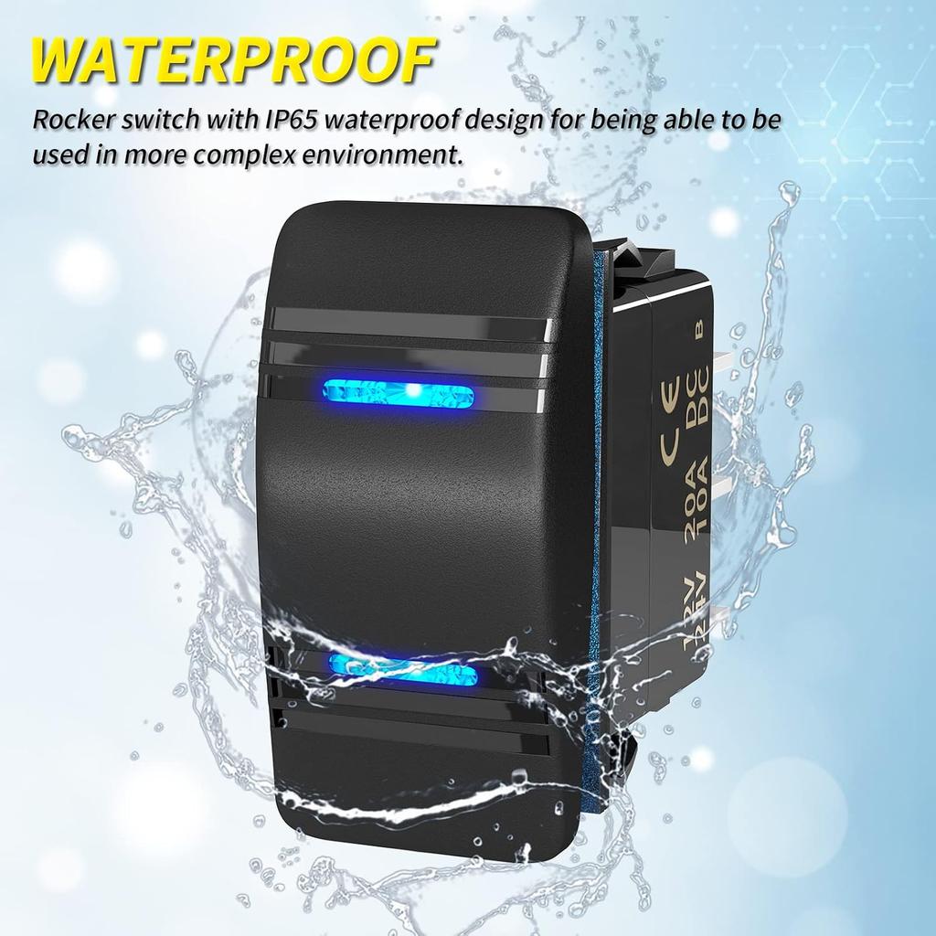 Joinfworld Momentary Rocker Switch Waterproof (ON)-Off-(ON) 3 Position Rocker Switch 12V 20A DPDT 7 Pin Blue LED Boat Switch Toggle for Automotive