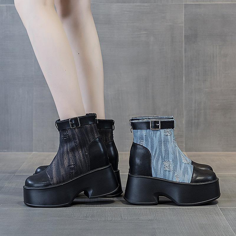 Fashion 11cm Denim Genuine Leather Women Fashion Spring Canvas Ankle Boots Platform Wedge Autumn Fashion High Brand Hidden Heels Shoes