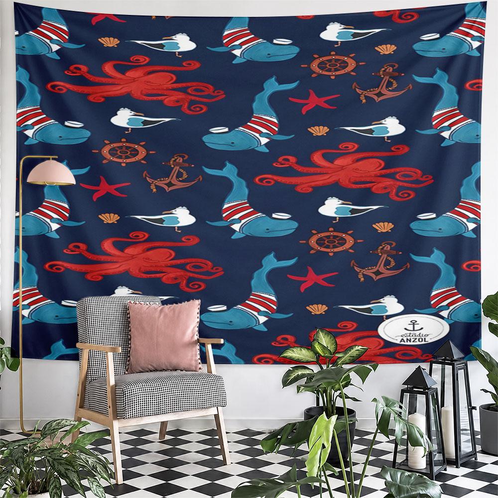 Nautical Pattern with Whales and Octopus Pattern Wall Hanging Tapestry Decorative Tapestry Home Decor for Bedroom and Living Room