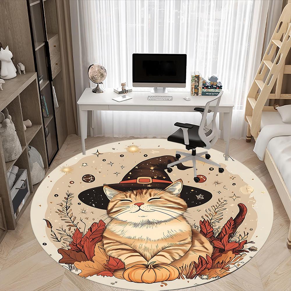 1PC Witch Cat Office Round Area Rug,  Mat Suitable ForOffice, Under Office Chairs Bedroom Living Room Home Decor, Room Deco