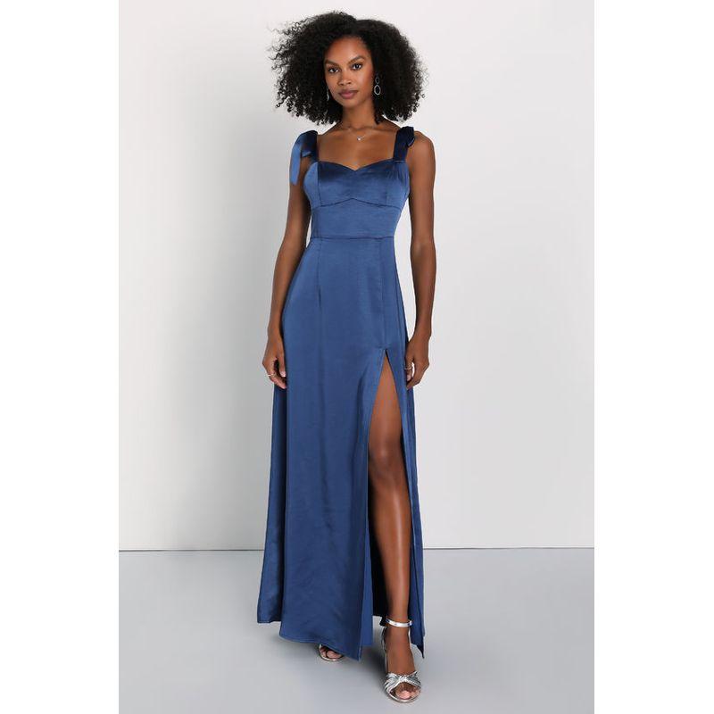 

Export Single Lu s Summer New Arrival Smooth Fabric High Quality Tied Slim Fit Large Swing Split Elegant Dress Female Nordic Blue XL