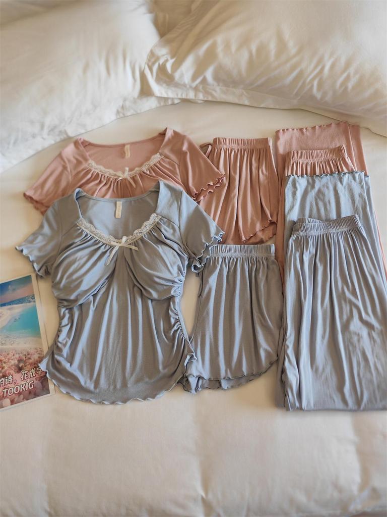 Women's Modal Pajama Set: Summer Short Sleeve & Long Pants with Chest Pad