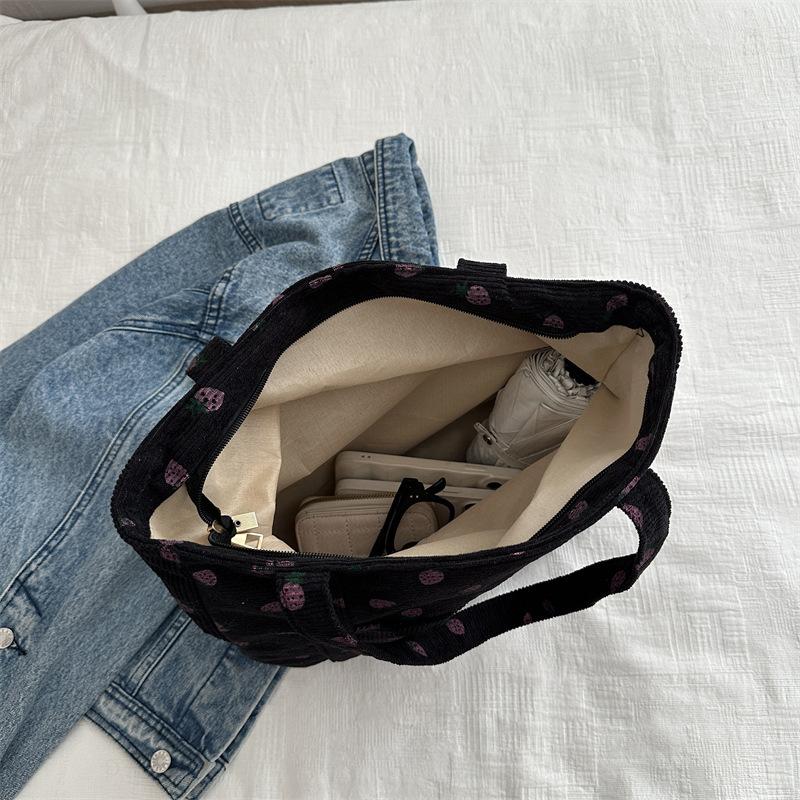Forest Fresh Corduroy Handbag Strawberries Sweet Versatile Shoulder Bag Large Capacity Commuter Women'S Tote Bag