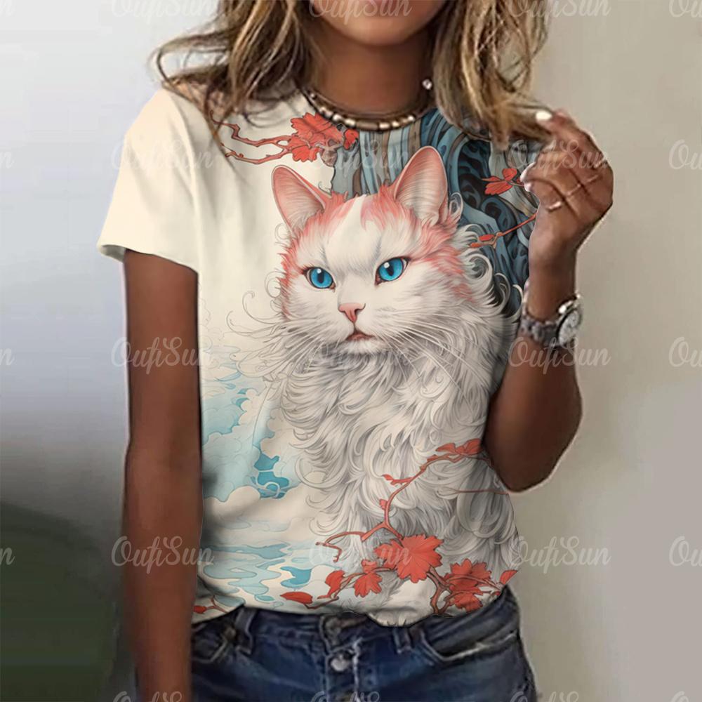 Top Women Fashion Woman Blouse 2024 3d Japanese Style Cat Print T-Shirts O-Neck Short Sleeve Tees Female Clothing Y2k T Shirts
