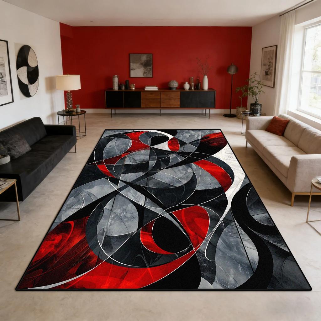 European Vintage Red and Black Carpet Modern Geometric Abstract Rug, Large Area Carpet Large Bedroom Decor Minimalists