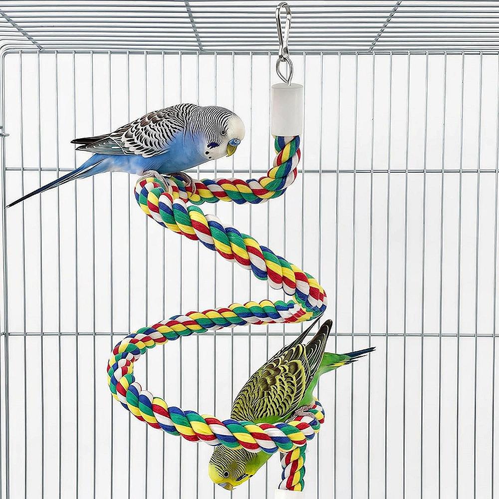 Spiral Cotton Rope Parrot Perch Flexible Bird Standing Toy Colorful Swing Chew Toy with Bell Cage Accessory