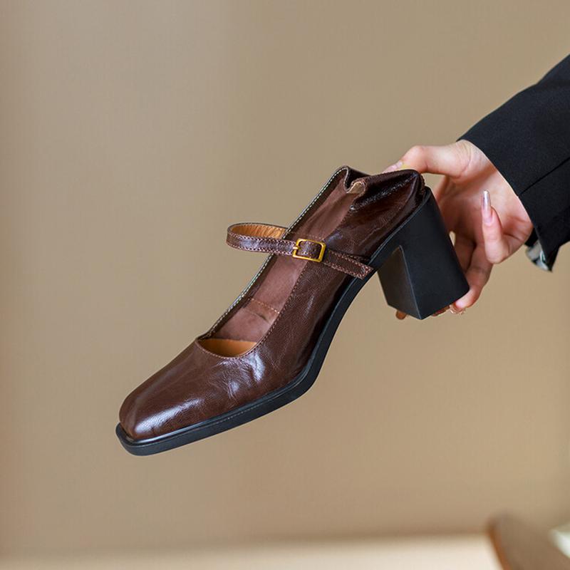 

Винтажные туфли Мэри Джейн с квадратным носком для женщин, модные туфли-лодочки с неглубоким вырезом и пряжкой, весна-осень 2025 35 коричневый