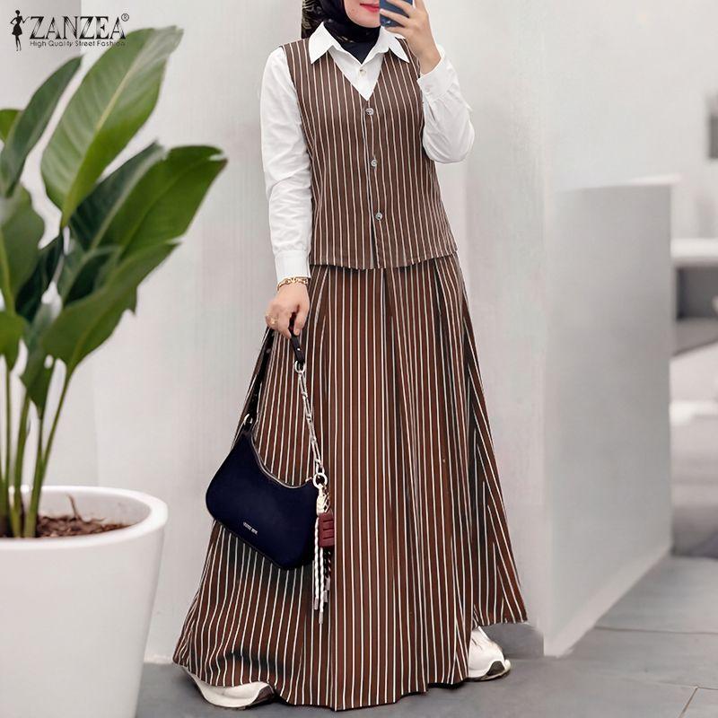 ZANZEA Women Splice Long Sleeve Blouse and Long Skirts Stripe Print Two Piece Sets