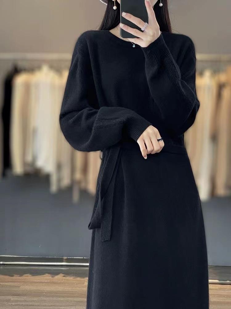 Autumn and Winter New Lace-up Temperament Thin Knitted Dress Women's Fashion Medium and Long Inner Sweater Skirt