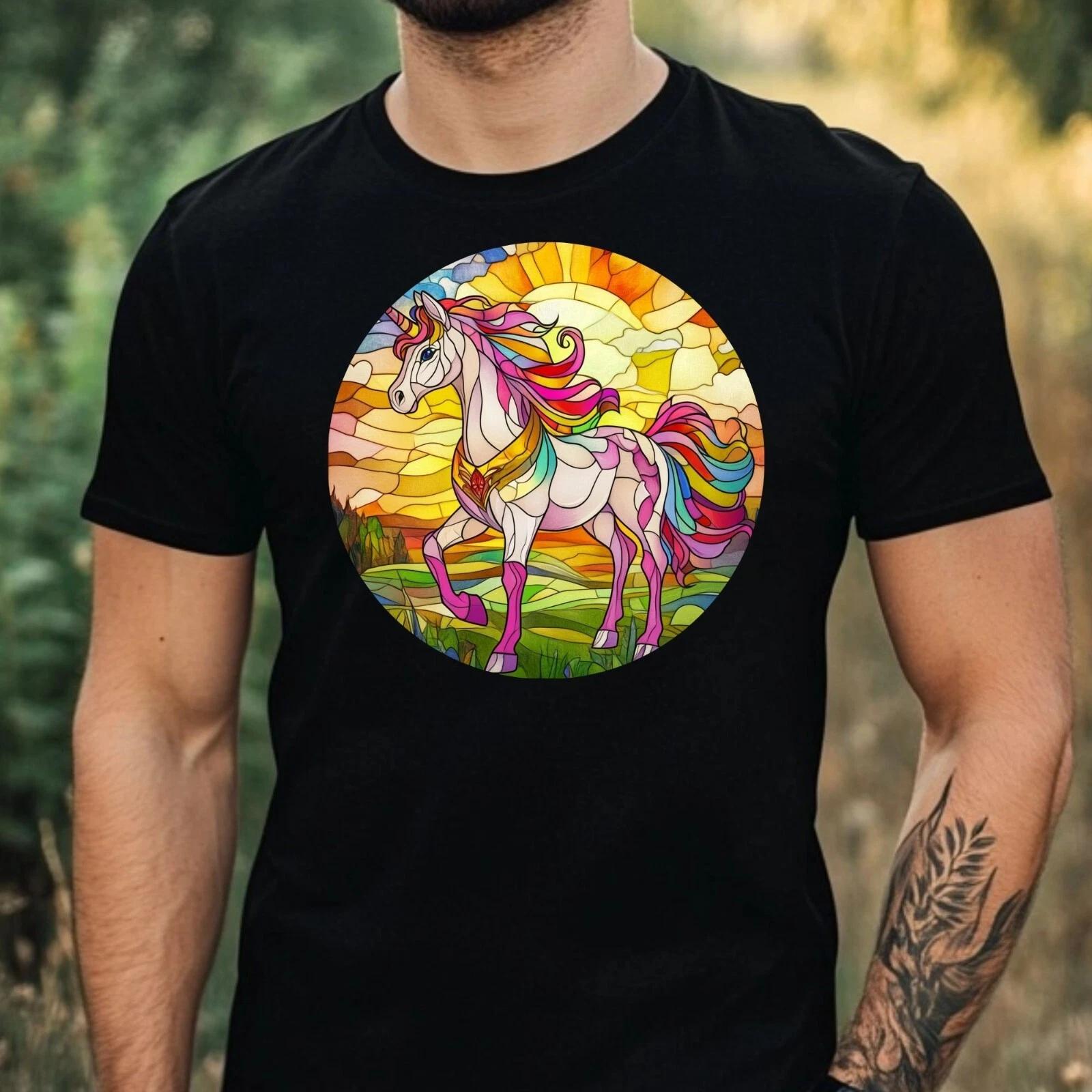 T-Shirt Herren Einhorn Buntglas Motiv Baumwolle Größe XS bis 5XL XXXL
