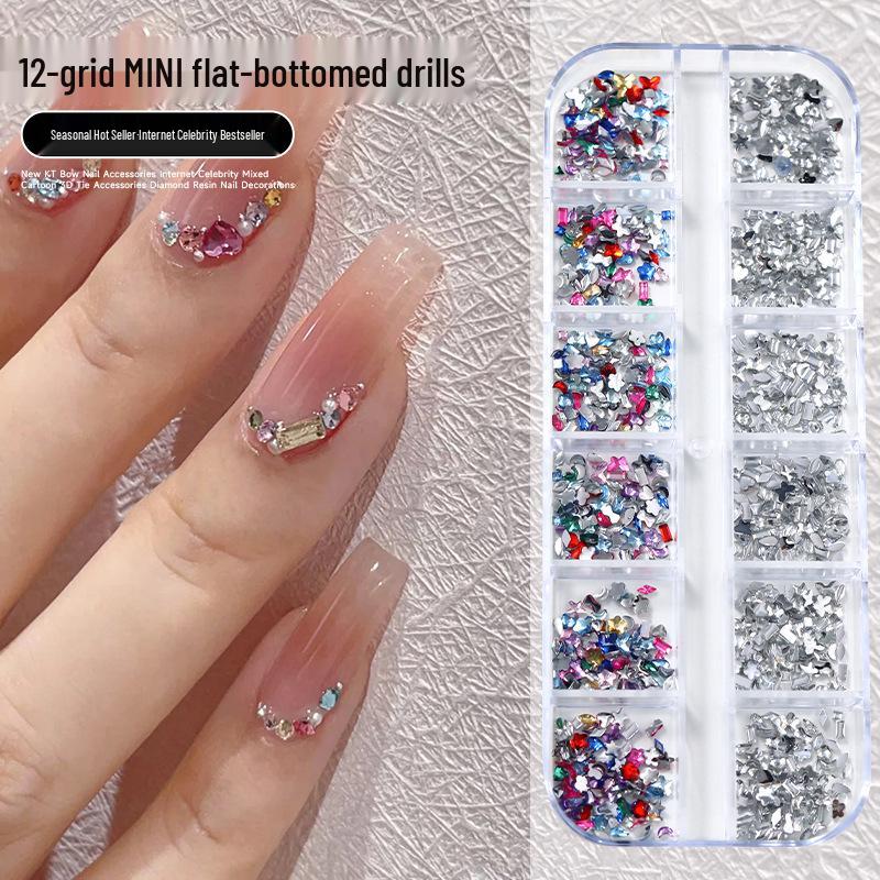 12-Grid Mini Nail Art Rhinestones, Colorful Irregular Champagne Crystals, Super Flash Flatback Nail Accessories.