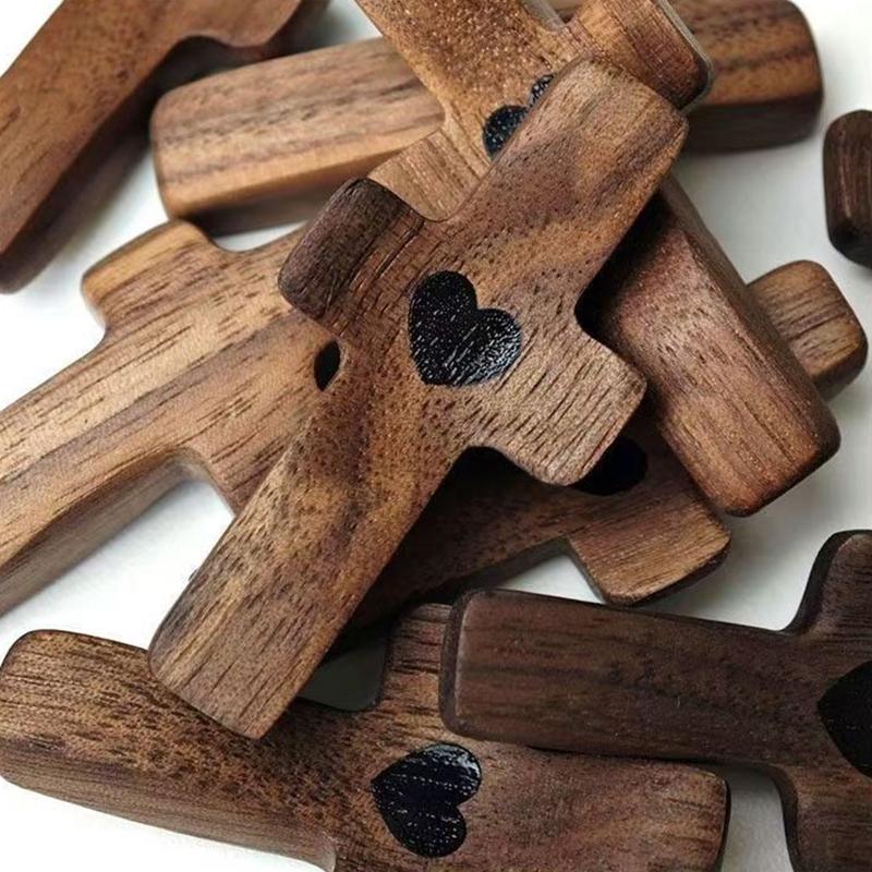 3Pcs Cross My Heart Encouragement Gift Handheld Wooden Cross With Epoxy Heart To Carry In Pocket Emotional Support