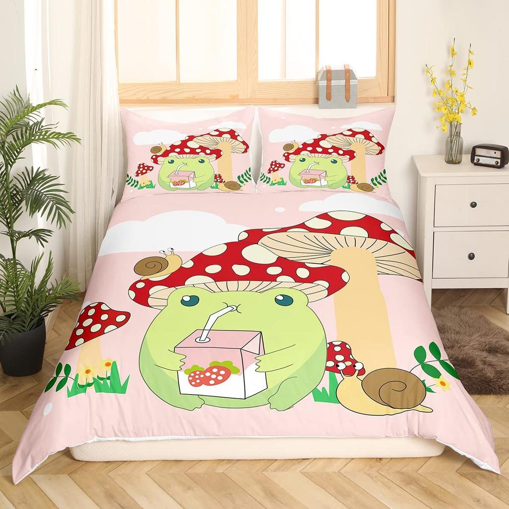 Cartoon Frogs And Mushroom Bedding Set Christmas Duvet Cover Set Single Twin Queen King Size No Filling Birthday Gift For Kids