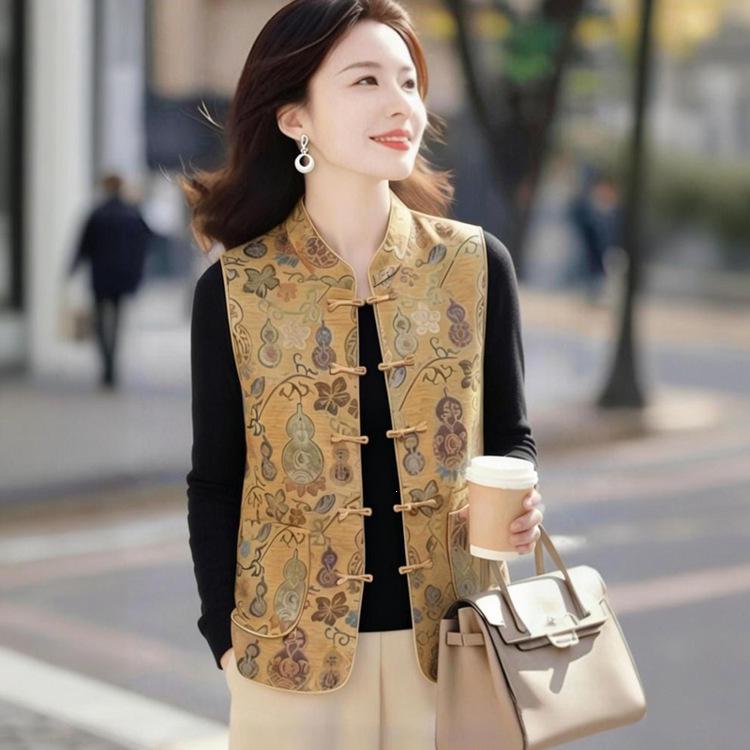 New Chinese Style Embroidered Vest for Women - Stylish Spring & Autumn Cardigan for Middle-Aged & Elderly