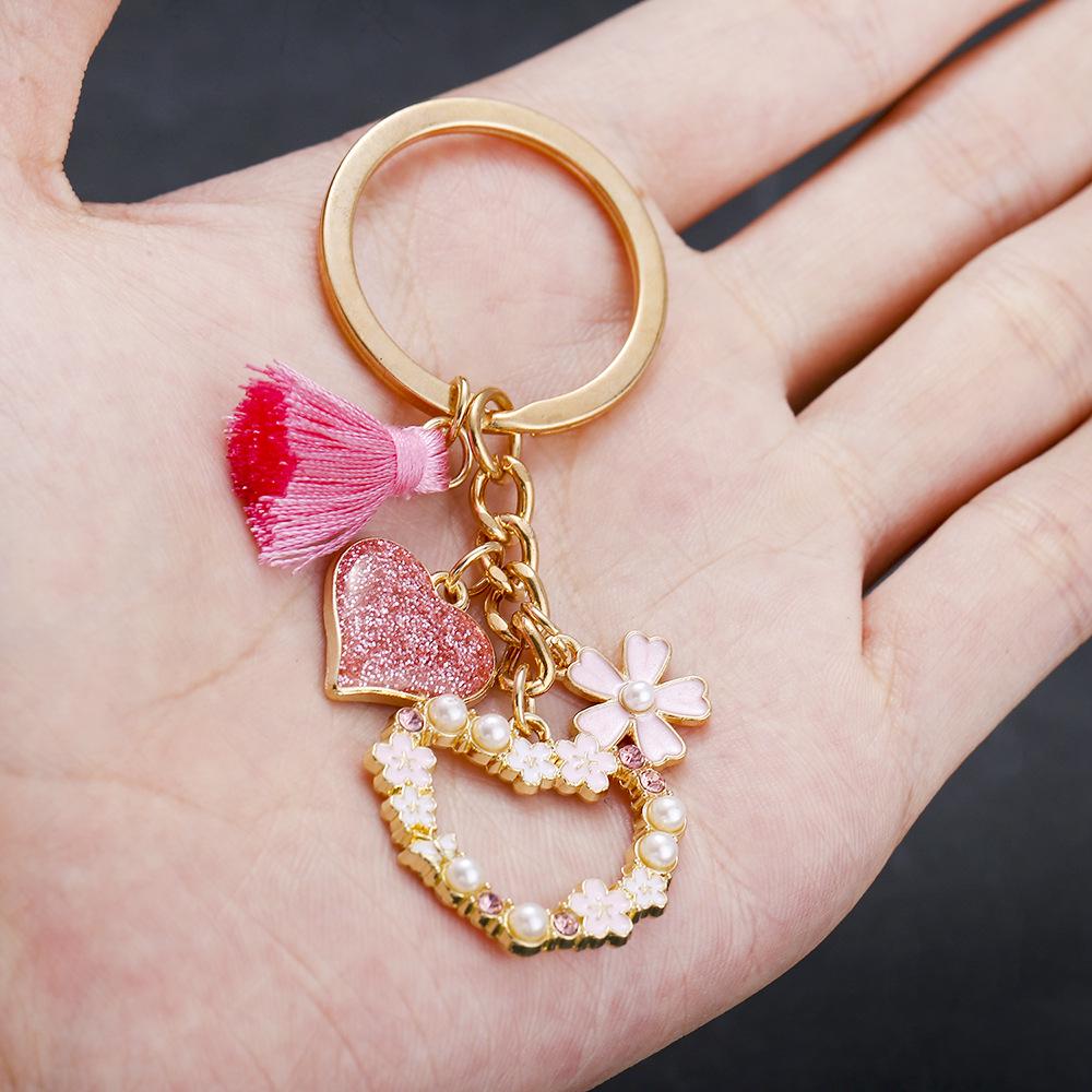 Trendy European & American Pink Tassel Pearl Flower Heart Keychain Pendant