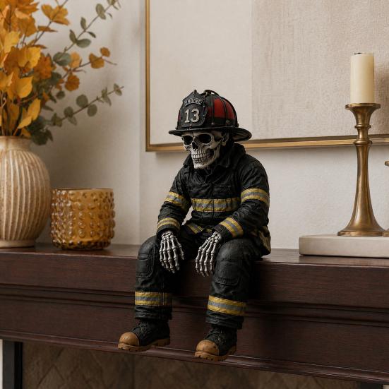 Firefighter Ornament Skeleton Shelf Sitter Statue, Vintage Resin Figurine with Realistic Gear & Distressed Sitting Posture Finish, Dark Industrial