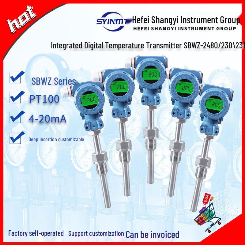 Hefei Shangyi SBWZ-2480/230/231 Temperature Transmitter with 4-20mA Digital Display, 200mm Length, 0-250°C Range