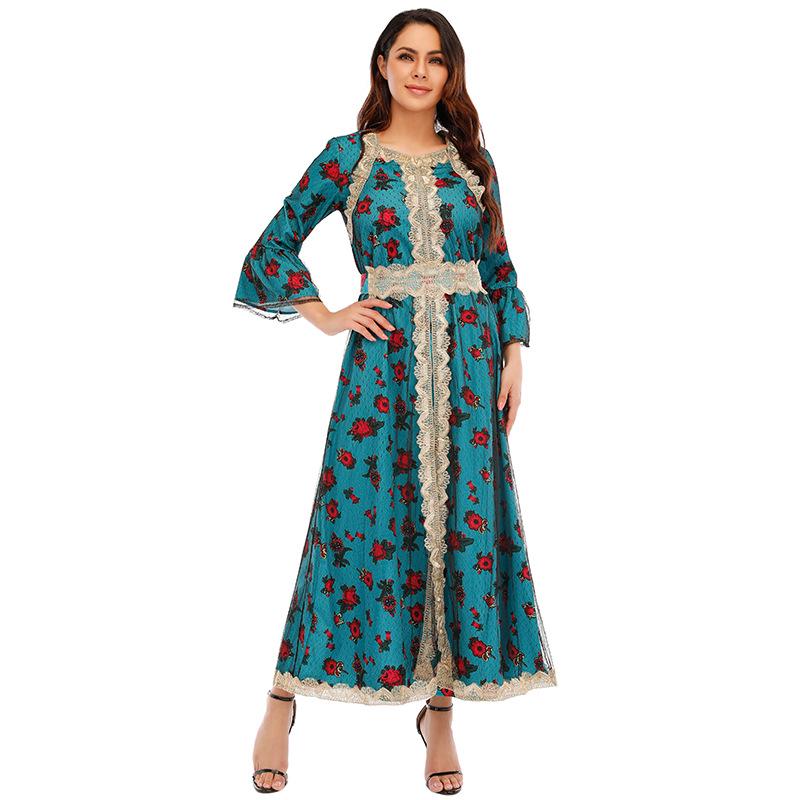 Yiduo Duo European-American Ethnic Print Embroidery Lace Mesh Muslim Dress 21275
