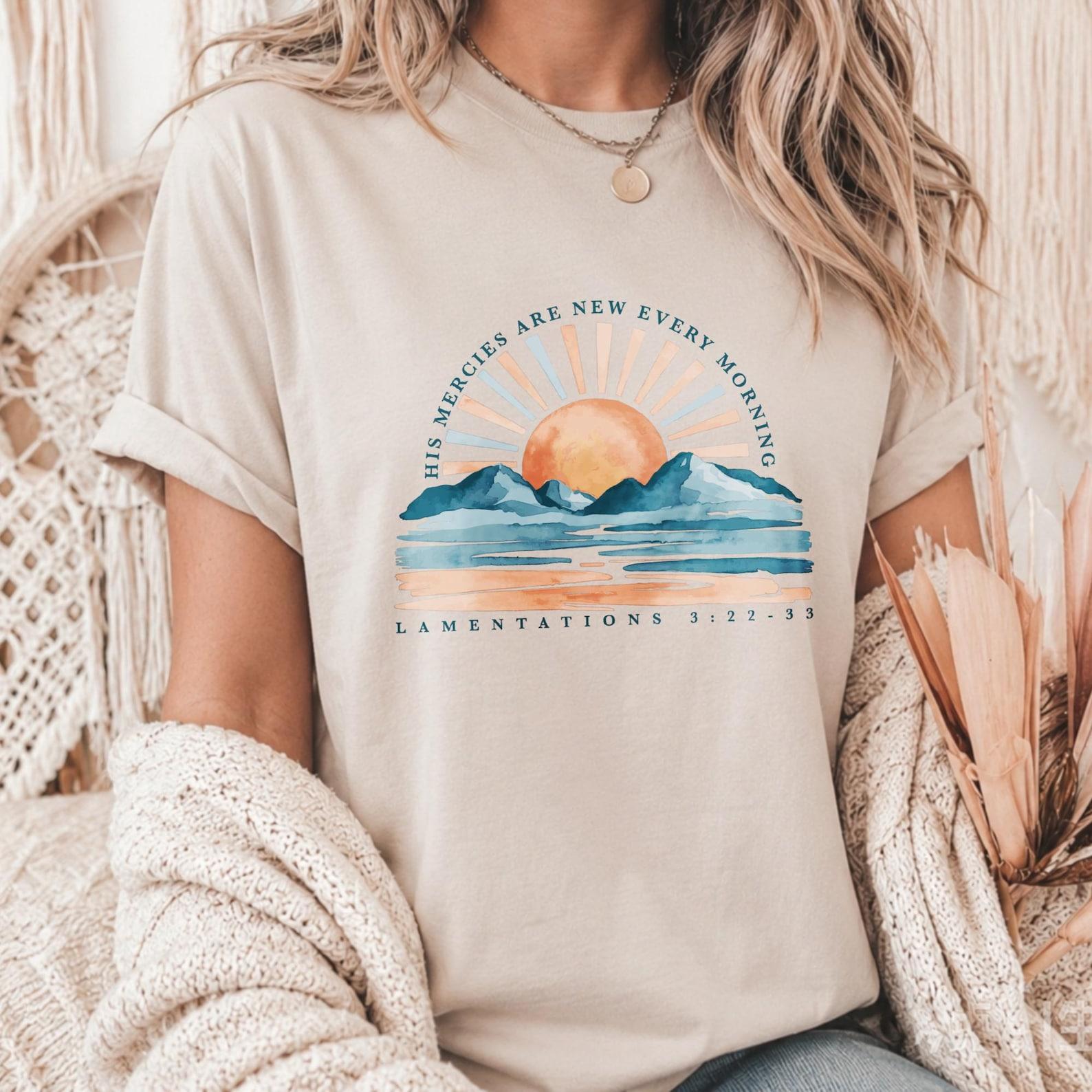 His Mercies Are New Every Morning Tee,Mountain Sunrise Faith Wear,Lamentations 3:22-23 Christian Top,Unisex Bible Verse Worship Short Sleeve S