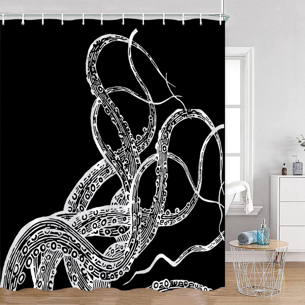 Octopus Shower Curtains Ocean Animals Funny Octupus Undersea World View Bathroom Curtain Nautical Bath Decorations with Hooks
