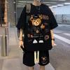 Korean Fashion Streetwear Hip Hop Rock Casual Short Suit Funny Bear Tshirts Shorts 2 Piece Set Summer Tracksuit Clothes For Men