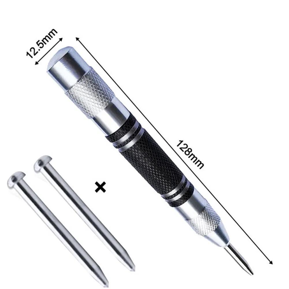 Automatic Center Punch With 2 Pcs Spare Punch Black Silver Dot Punch Spring Loaded Tool Adjustable Woodworking
