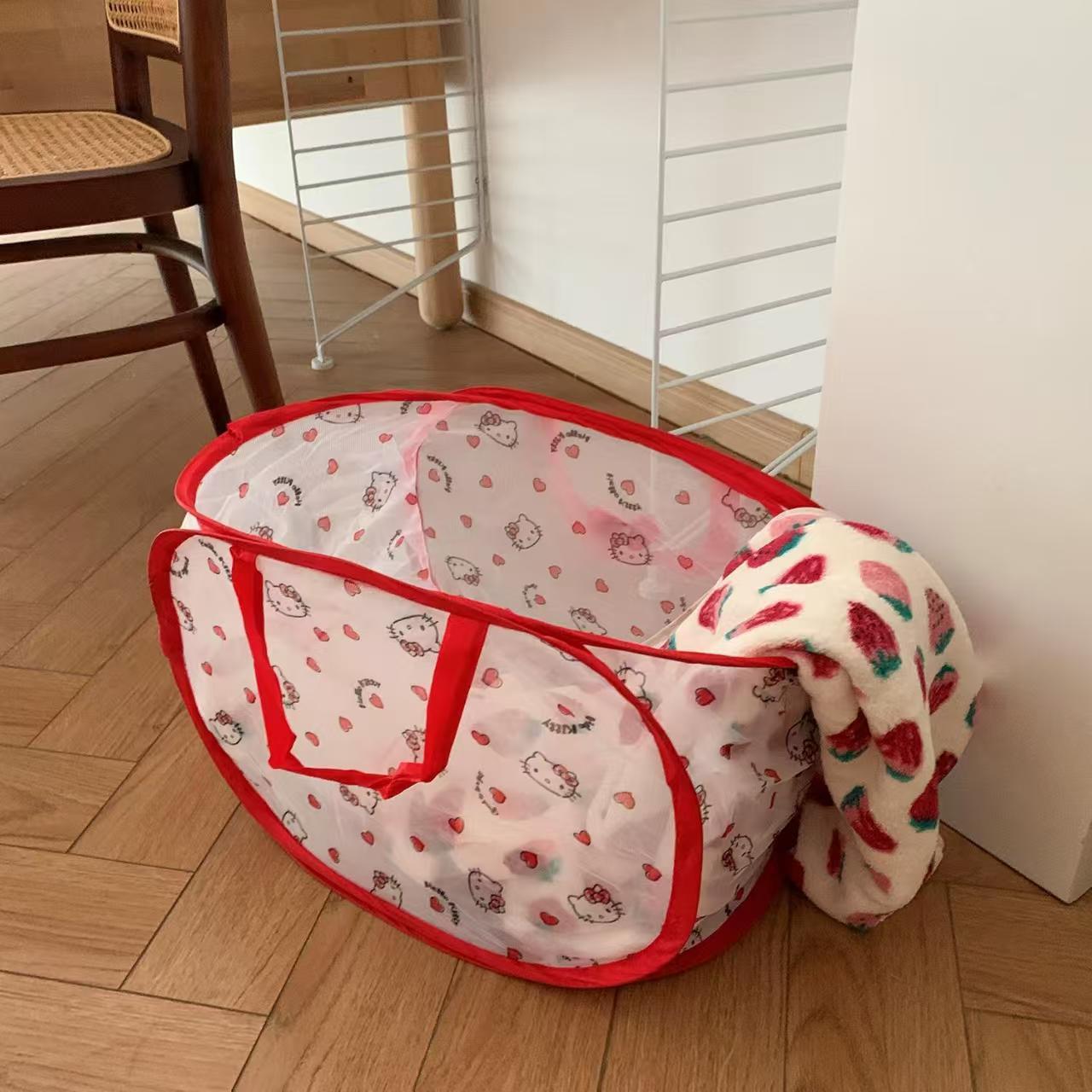 New Cartoon Kitty Mesh Laundry Basket Foldable Laundry Basket Large Capacity Handbag Breathable Storage Basket for Home Use
