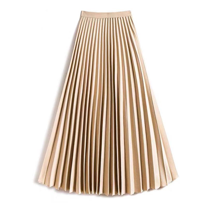 Women Spring Autumn Solid Elegant Chic Pleated Skirt High Waist Luxury With High Elastic Female C-035