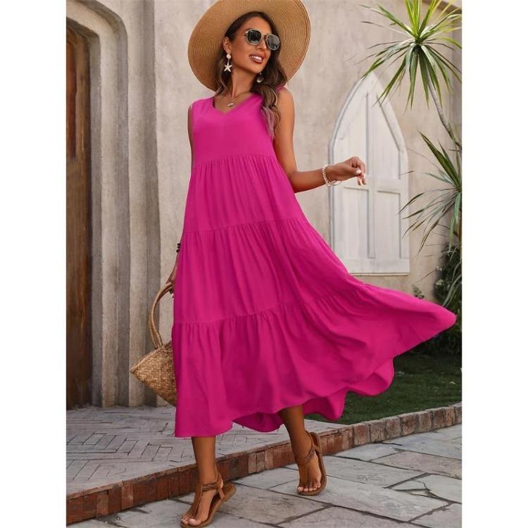 Women Elegant V-neck Loose Long Dresses Casual Vacation Beach Holiday Summer Femme Yellow Black RUFFLES