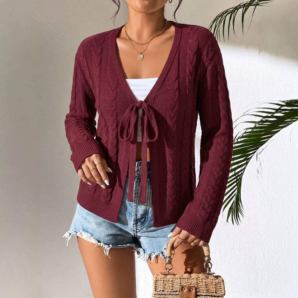 European and American Cable Knit Cardigan for Women, Early Autumn Thin V-Neck Tied Bow Long Sleeve Short Sweater Jacket