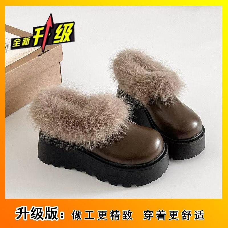 Fashion cotton slippers thick-soled bag head fluffy shoes with fleece to keep warm and one pedal to increase the height of snow shoes 2025 winter new