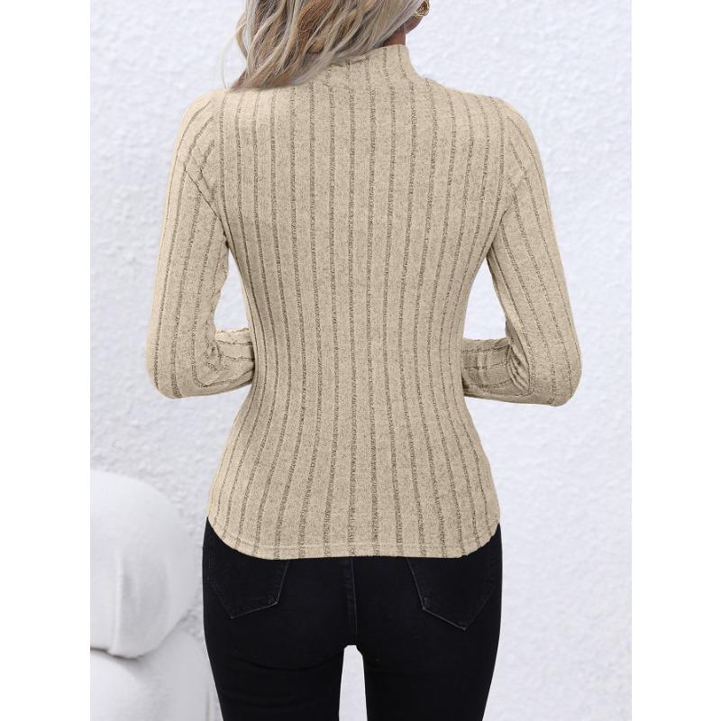 Solid Color Faux Neck Ribbed T-Shirt, Elegant Long Sleeve Slim Fit Hundred Tops for Women