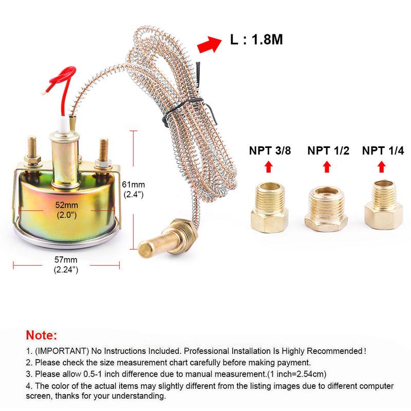 2" 52MM Mechanical 12V Water Temp Gauge 50-140℃/130-280℉ Water Temperature Gauge Car Meter With Sensor NPT 1/2, NPT 1/4,NPT 3/82