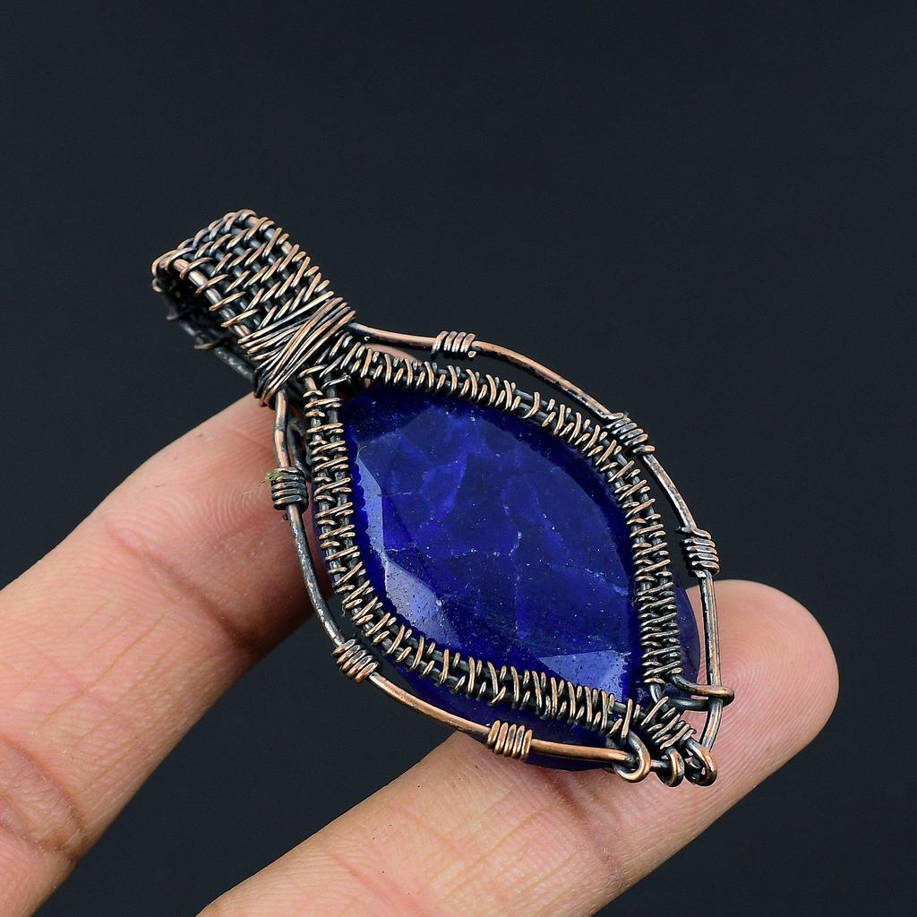 Blue Sapphire Pendant, Handmade Gemstone Pendant, 999 Copper Wire Wrapped Pendant Antique Jewelry, For Engagement Gift