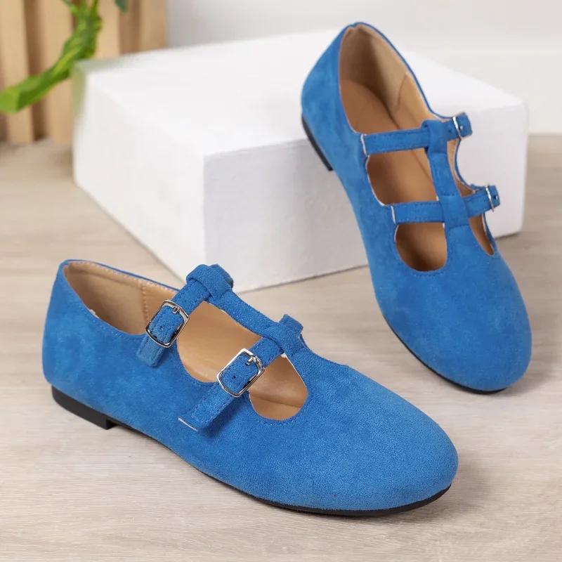 2024 Fashion Hot-selling Versatile Spring and Autumn Comfortable Solid Color Double Buckle Round Toe Shallow Mouth Flat Bottom