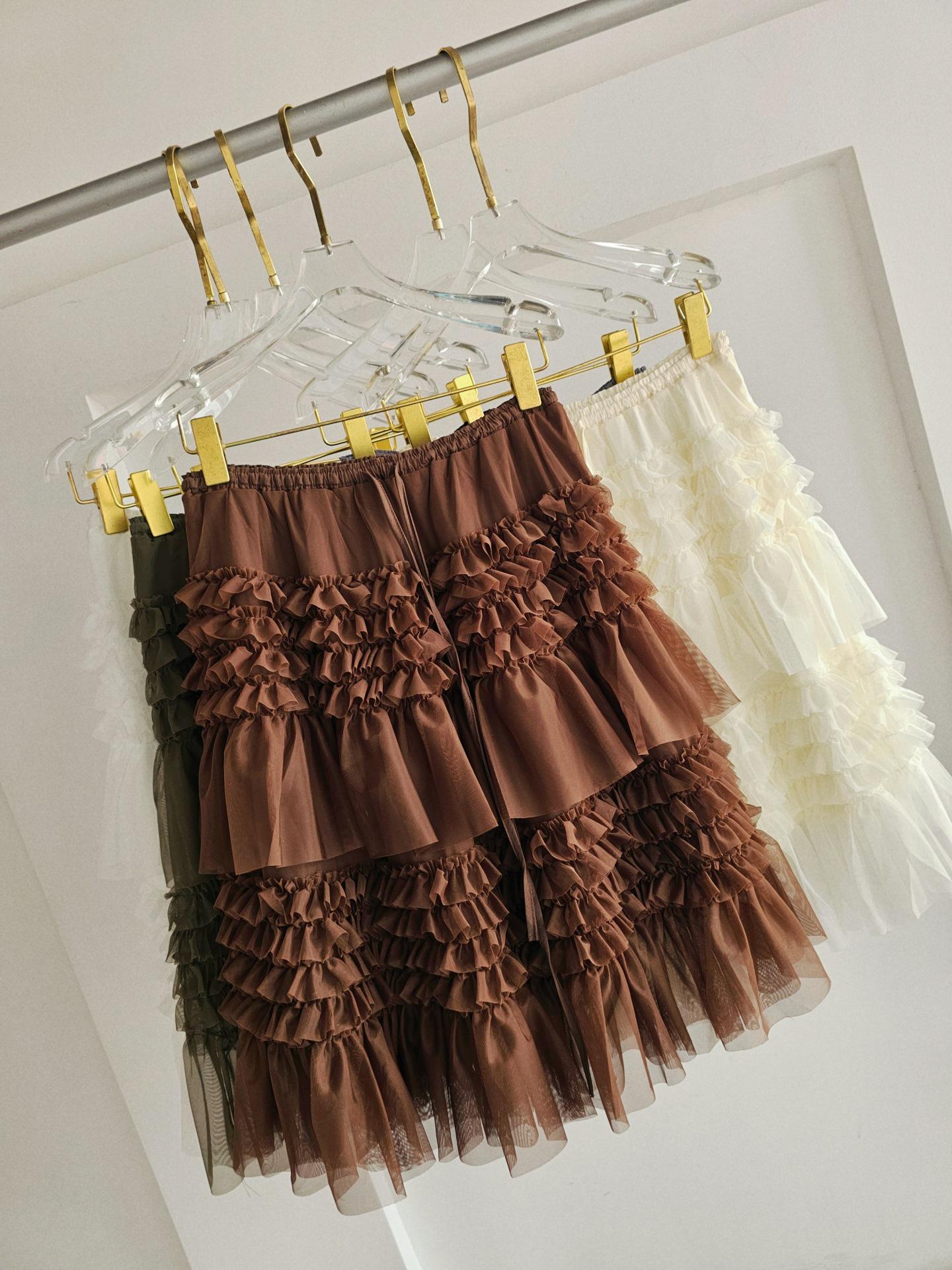 Корейская многослойная сетчатая юбка-миди с рюшами - Женская пышная плиссированная юбка на резинке со шнурком One Size коричневый