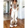 1116 Bohemian Print Cotton and Linen Shirt Wide-leg Pants Two-piece Set, Vacation Casual Suit Women Y1