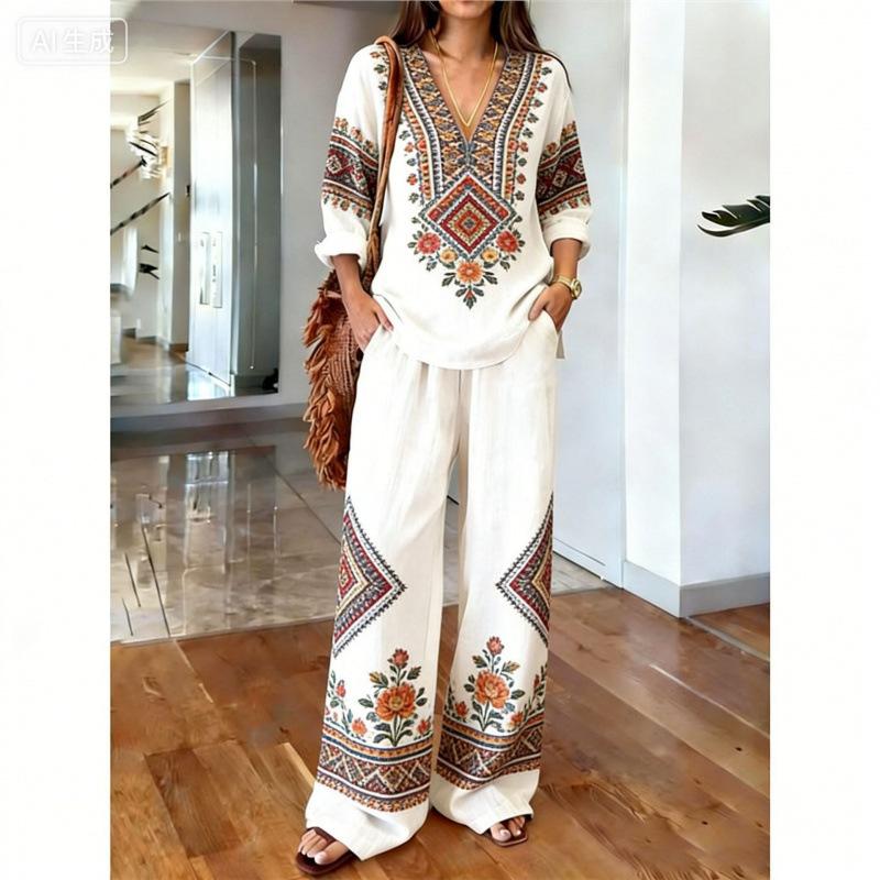 1116 Bohemian Print Cotton and Linen Shirt Wide-leg Pants Two-piece Set, Vacation Casual Suit Women Y1