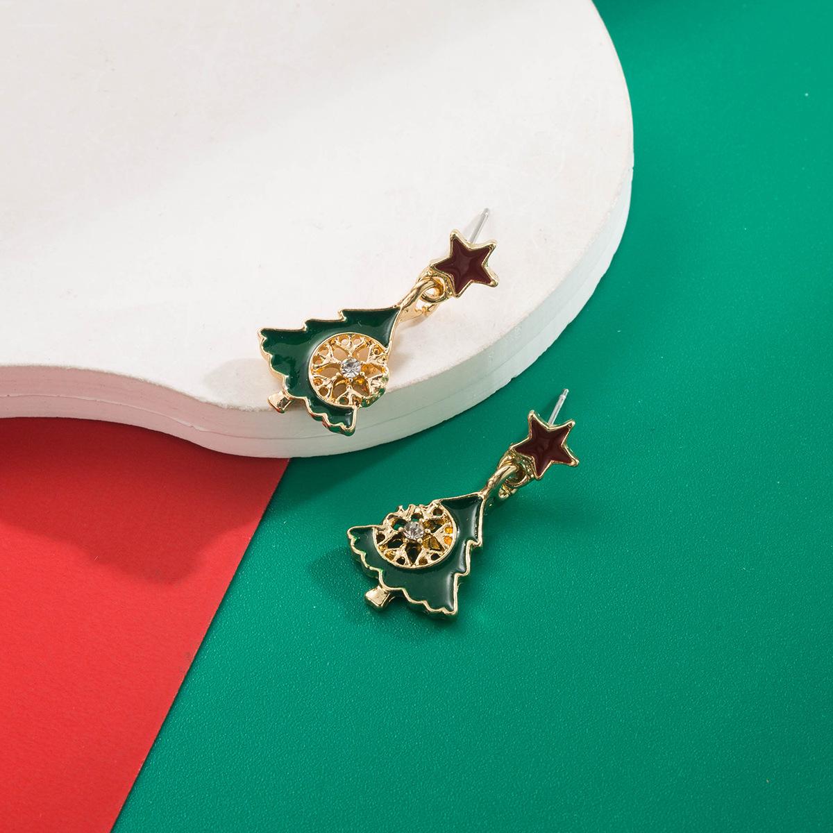 

Christmas New Fashion Alloy Oil Drop Earrings Christmas Tree Snowman Gift Box Bell Ear Hooks Holiday Earrings Drill Christmas Tree