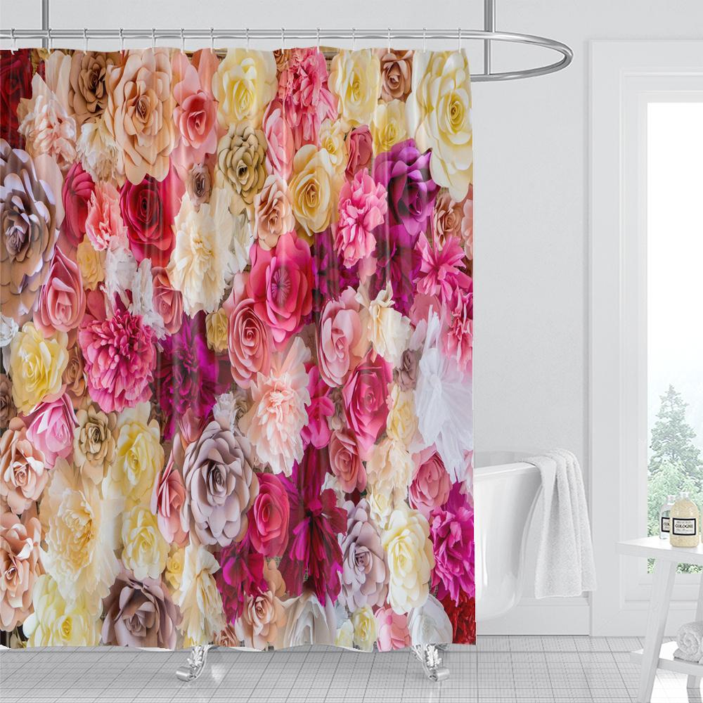 1Pcs Pink flower printing waterproof shower curtain,  Rose flowers wall bathroom decorative curtain with plastic hooks