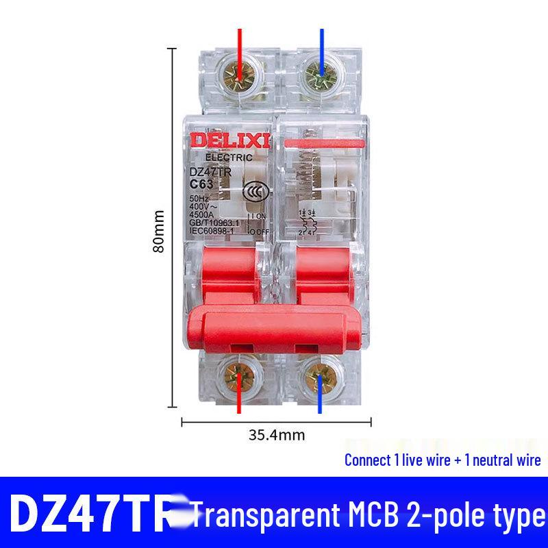 Delixi Transparent DZ47TR Mini Circuit Breaker 2P 40A/63A 220V Single-Phase Air Switch.