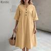 ZANZEA Women Casual V-Neck Solid Color 3/4 Sleeve Loose Dress