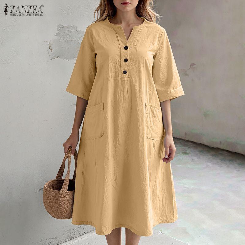 ZANZEA Women Casual V-Neck Solid Color 3/4 Sleeve Loose Dress