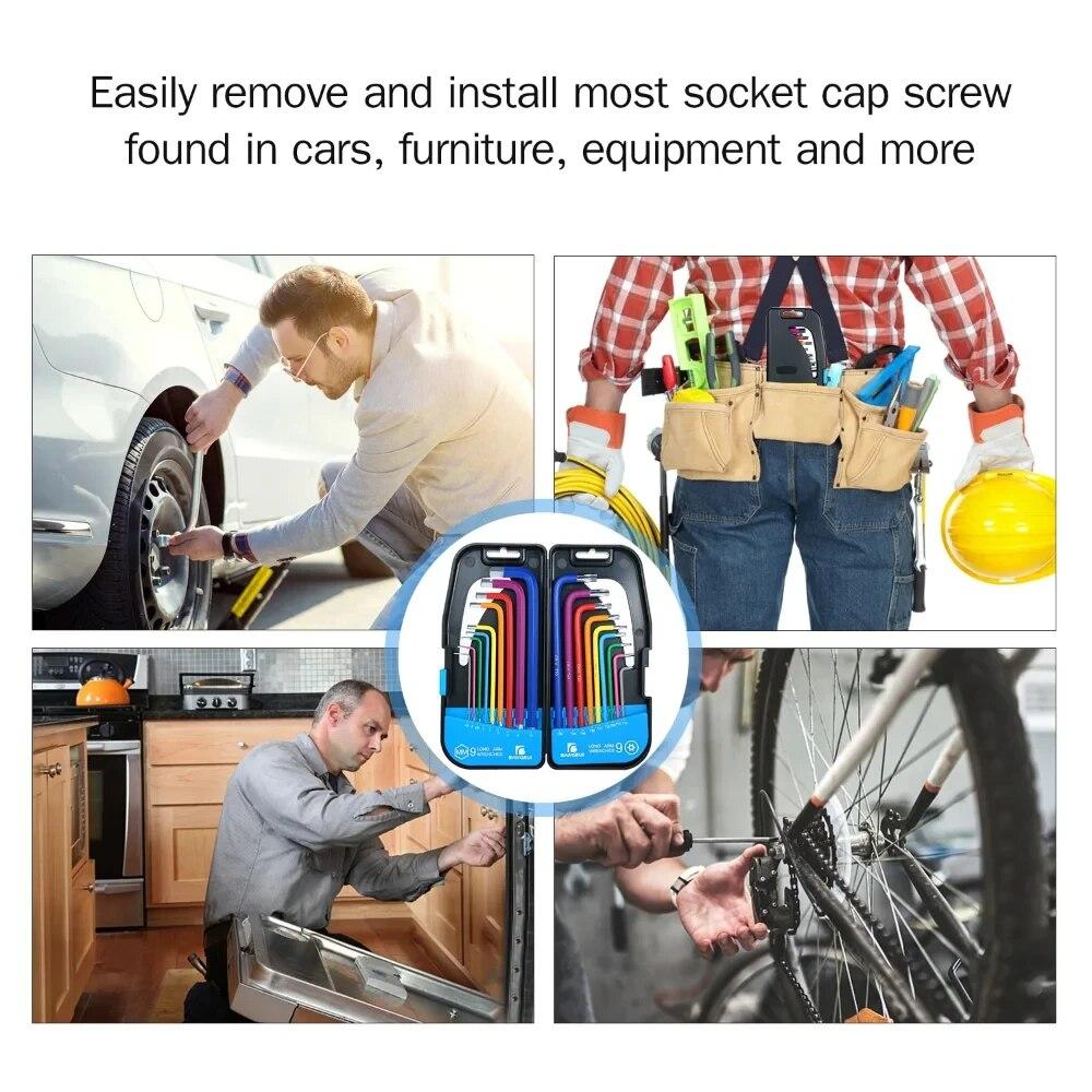 Unbrakonøkkelsett L-nøkkelsett for unbrakonøkkel 9 STK Sekskantnøkkelsett med lang arm 1,5 mm til 10 mm sekskantnøkkel Håndverktøy for sykkelreparasjon