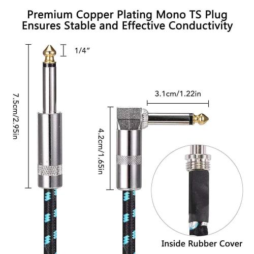 AEOLK Guitar Cable, Specially Shielded Noise Reduction Electric Guitar Speaker Cable for Musical Instruments, Right-Angle 1/4-Inch TS to Straight 1/4-