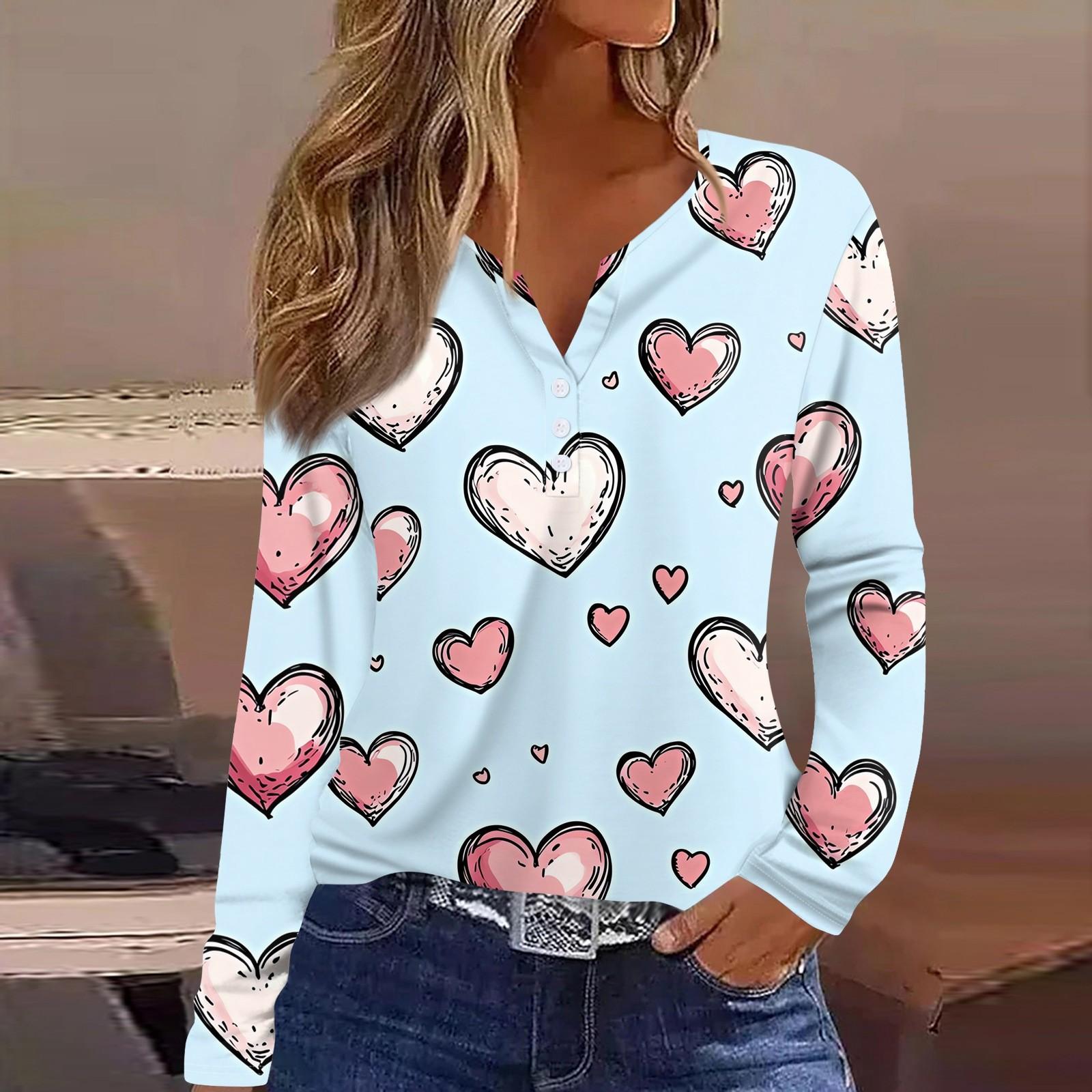 

Женская футболка с принтом ко Дню святого Валентина, туника с длинным рукавом и пуговицами, повседневная мода на выходные, базовый топ с V-образным вырезом M