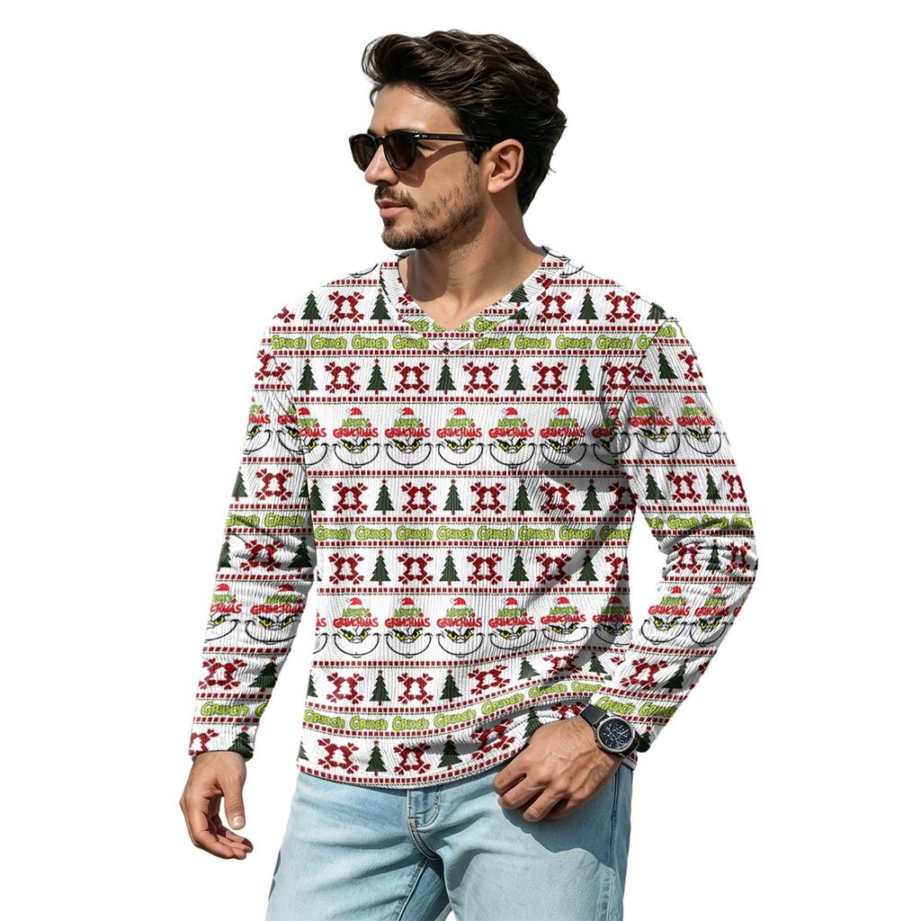 Camiseta Informal Navideña para Hombre con Cuello en V Cómoda Holgada Estampado Urbano